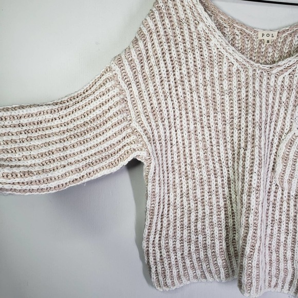 POL Chunky Knit Oversized Sweater S Tan‎ Ivory V-Neck Slouchy - Picture 2 of 9